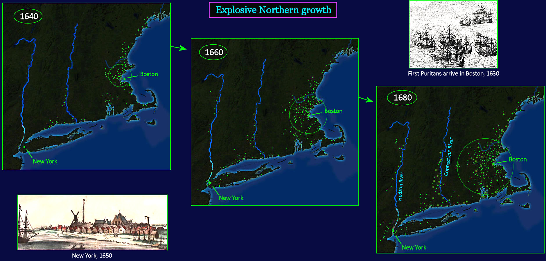 New England, settlements,1640-80